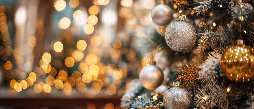 Decoracion navide&ntilde;a de un arbol de navidad con bolas brillantes en tonos dorados, plteados y verdes sobre fondo desenfocado de un interior desenfocado con luces amarillas