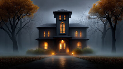 Spooky haunted mansion at night with glowing windows and fog surrounded by autumn trees creating eerie atmosphere