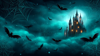 Spooky haunted castle with glowing windows surrounded by flying bats and spider webs under full moon in misty night sky