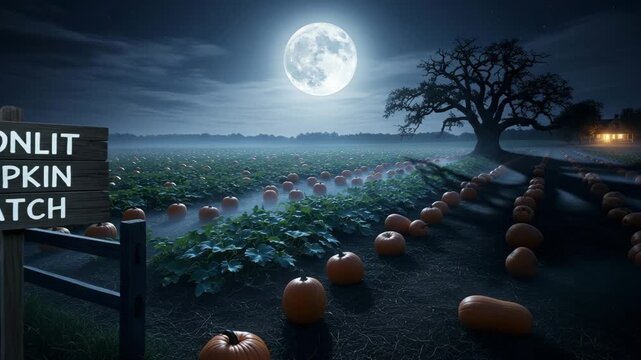 Enchanting moonlit pumpkin patch scene with a rustic wooden sign guiding visitors to a bountiful harvest under a glowing full moon and starry sky with a distant