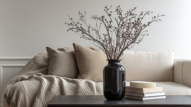 Cozy neutral living room decor featuring a stylish black vase with dried branches, soft cushions, and books for a relaxed, elegant vibe