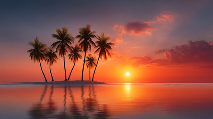 Sunset over tropical island with silhouettes of palm trees reflecting on calm water creating peaceful and warm atmosphere