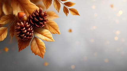 Autumn background with golden leaves, pine cones, and acorn creating warm and festive seasonal atmosphere for fall celebrations