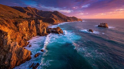 Stunning coastal landscape with dramatic cliffs and vibrant ocean waves under a beautiful sunset sky, perfect for travel brochures and websites