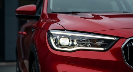 Close up of a modern red car headlight and fender