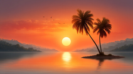 Sunset tropical island with palm tree silhouettes and birds flying over calm water reflecting warm orange sky