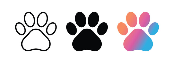 paw print icon set dog cat pet animal track vector sign black outline colorful illustration
