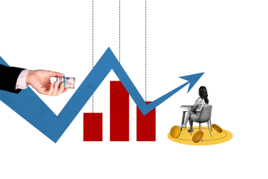 Composite trend artwork photo collage of trader business rich income graphics arrow up aged woman sit table back boss hand hold roll money