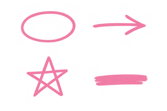 Pink hand drawing shapes set for highlighting, underlining, circling, and pointing out transparent element