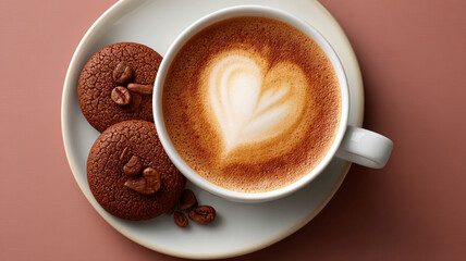 Cappuccino with heart shaped latte art and chocolate cookies topped with coffee beans on white plate, cozy warm background