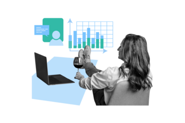 Composite photo collage of happy businesswoman drink wine sit office laptop workplace graph arrow up relax isolated on painted background