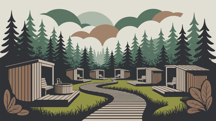 Illustration of cabins in a forest with a winding wooden path and mountains in the background scene