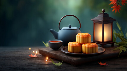 Traditional mooncake with teapot and lantern on wooden table, warm festive atmosphere with autumn leaves and soft glowing light