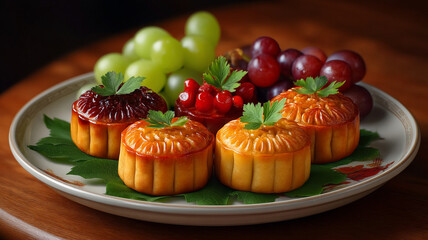 Traditional mooncake with fruit garnish on plate with green and red grape, festive dessert for celebration