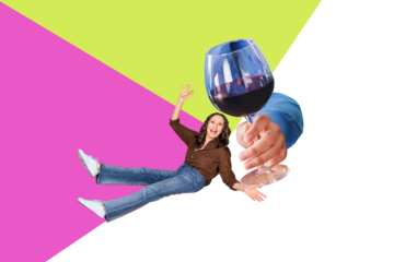 Composite trend artwork sketch collage of spring season woman day aged woman happy smile gesture hand wave hello arm hold glass wine drink