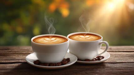 Two cups of coffee with latte art on wooden table with coffee beans and warm sunlight creating cozy morning atmosphere