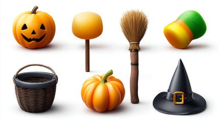 Halloween pumpkin broomstick witch hat candy basket and autumn decoration icons with festive spooky theme