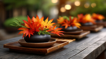 Vibrant autumn leaves decorating Chuseok table outdoors with warm lighting and wooden trays creating festive atmosphere