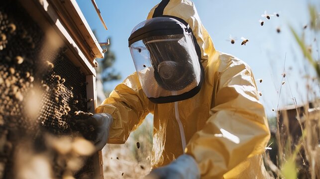 A beekeeper inspects a hive, dressed in protective gear, surrounded by buzzing bees under a clear sky