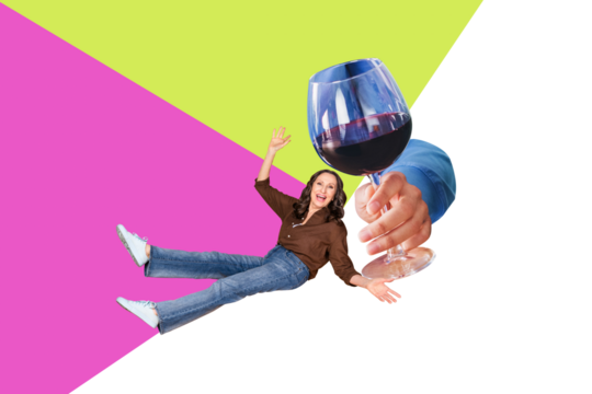 Composite trend artwork sketch collage of spring season woman day aged woman happy smile gesture hand wave hello arm hold glass wine drink