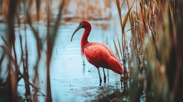 A striking scarlet ibis stands elegantly among reeds in a serene wetland, its vibrant plumage on display