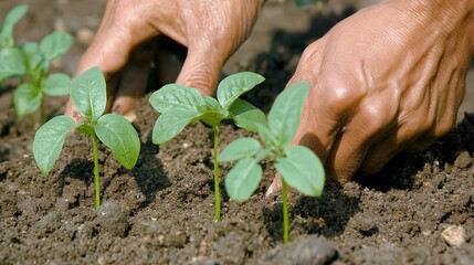 Hands carefully planting young seedlings into soil, nurturing new life and growth in a garden