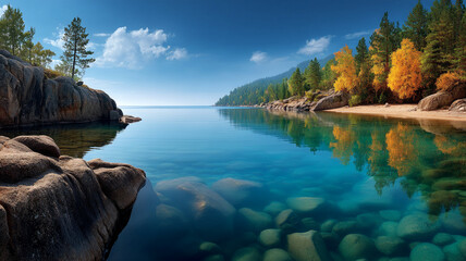 Lake with clear water and rocky shore reflecting autumn trees under blue sky with clouds, peaceful nature scene with vibrant colors