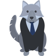 Cartoon Gray Wolf Wearing A Dark Suit And Blue Tie Sitting And Smiling With A Transparent Background