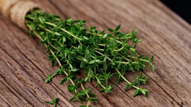 A bundle of fresh, vibrant green thyme on a textured wooden surface, natural light highlighting details