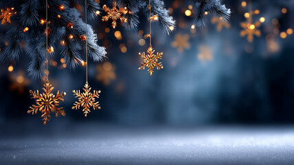 Golden snowflake ornament hanging from frosted pine branch with glowing lights and blurred winter background creating festive mood