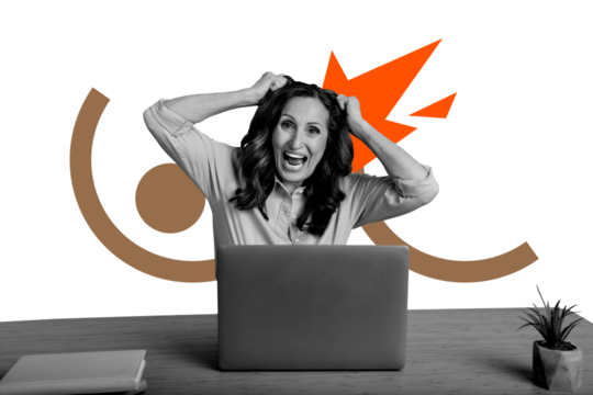 Composite trend artwork 3D sketch photo collage of fired angry office manager business aged lady burnout scream emoji work laptop remote