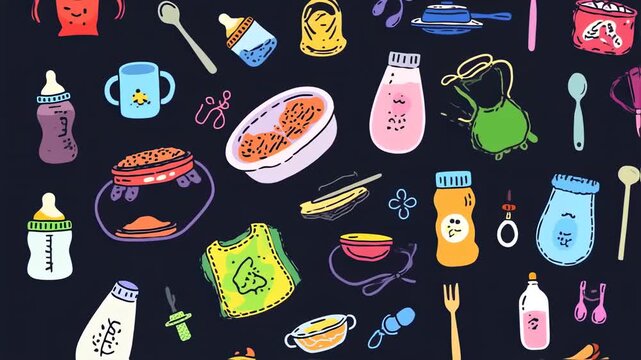 Colorful illustration on black background with many baby items bottles, bibs, spoons, containers, sippy cup, and utensils