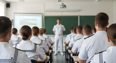 Naval academy students in uniform listening to class, viewed from behind.
