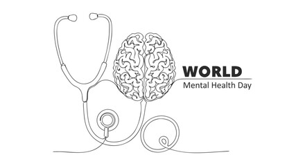 An elegant one continuous line drawing of a brain and stethoscope, symbolizing global mental health awareness, care, and the pursuit of continuous well-being