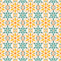 Bright, colorful unconnected patterns with floral and geometric motifs inspired by Moroccan and Mediterranean tiles