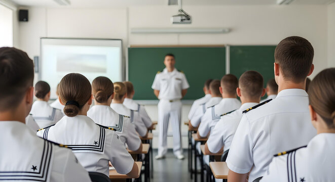 Naval academy students in uniform listening to class, viewed from behind.
