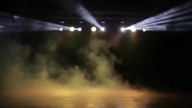 Description: Dramatic concert or show lighting scene featuring bright beams and yellow smoke in a dark environment. Suitable for stage and event visuals.
