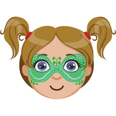Cartoon Face of a Young Girl With Twin Ponytails and Green Face Paint Mask Wearing Red Hair Ties Against A Transparent White Background