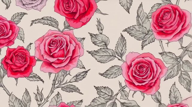 Floral seamless pattern featuring vibrant pink and red roses with grey leaves on a beige background