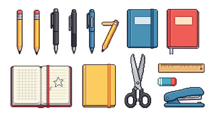 Pixel art collection of school and office supplies on a white background