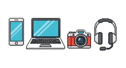 Pixel art icons of a smartphone laptop camera and headphones