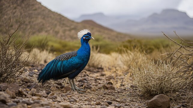 A vibrant blue peacock stands elegantly in a desert landscape, contrasting its vivid colors against the dry terrain.