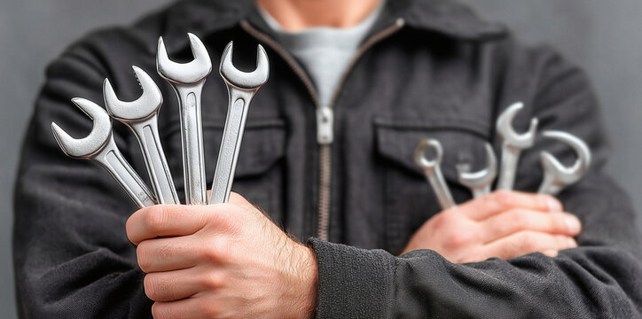 Reliable mechanic holds wrenches ready for skilled repairs and professional maintenance service work today