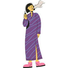 Woman in a Long Purple Dress with Blue Stripes and Pink Boots Exhales Smoke from a Vape Device on a Transparent Background