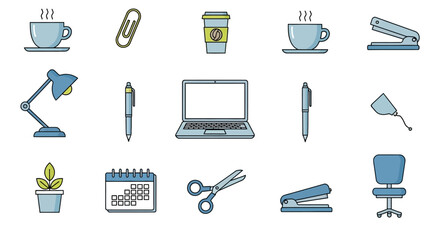 Flat design icons of office supplies on a white background