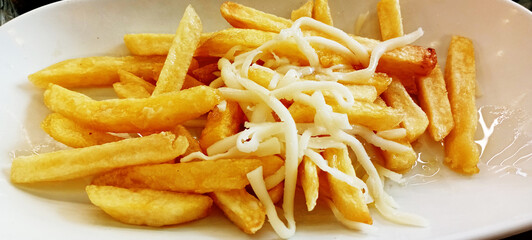 grated cheddar cheese on homemade french fries