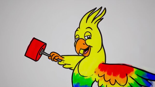 A cartoon parrot in a rainbow of colors, holding a red painting tool on a solid background