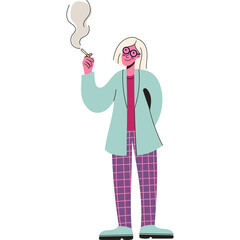 Woman in Light Blue Lab Coat and Pink Plaid Pants Holding a Pipe with Smoke and Wearing Glasses