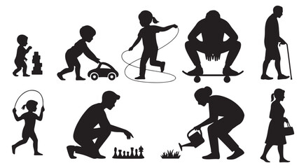 Human Life Silhouette Vector Set – People from Childhood to Old Age in Various Activities on White Background.