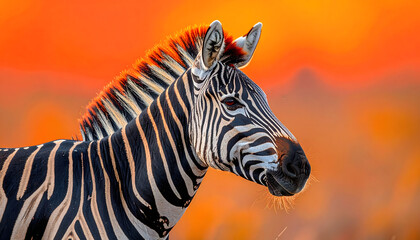 Zebra in Profile at Sunset Striking Black and White Stripes